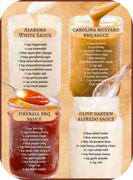 HOMEMADE SAUCE RECIPES! ALABAMA WHITE SAUCE: 1 cup mayonnaise ¼ cup buttermilk 2 tbsp apple cider vi...