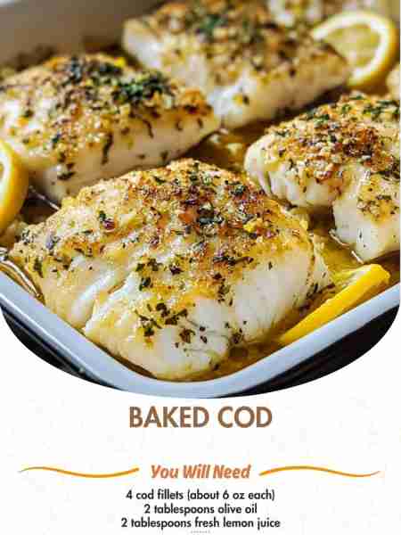 Baked Cod with Lemon and Garlic Ingredients: 4 cod fillets (about 6 oz each) 2 tablespoons olive oil...
