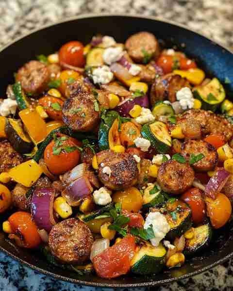 SUMMER DINNER - Sausage and Veggies Skillet with Bell Peppers, Zucchini & Corn Ingredients: 14 oz sm...