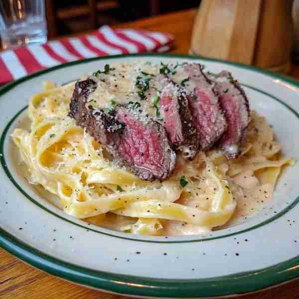 Creamy Fettuccine Pasta with Medium-Rare Steak Ingredients: For the Steak: 2 steaks (sirloin, ribeye...