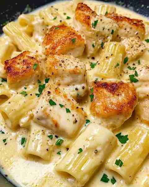 Creamy Garlic Butter Chicken and Rigatoni in Parmesan Sauce 🍝 Ingredients: - 300 grams of rigatoni...