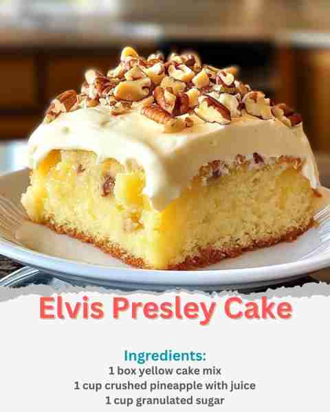 Elvis Presley Cake Ingredients: 1 box yellow cake mix 1 cup crushed pineapple with juice 1 cup granu...