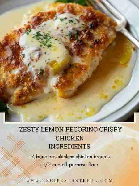 Zesty Lemon Pecorino Crispy Chicken Yields: 4 servings Prep time: 25 minutes Cook time: 20-25 minute...