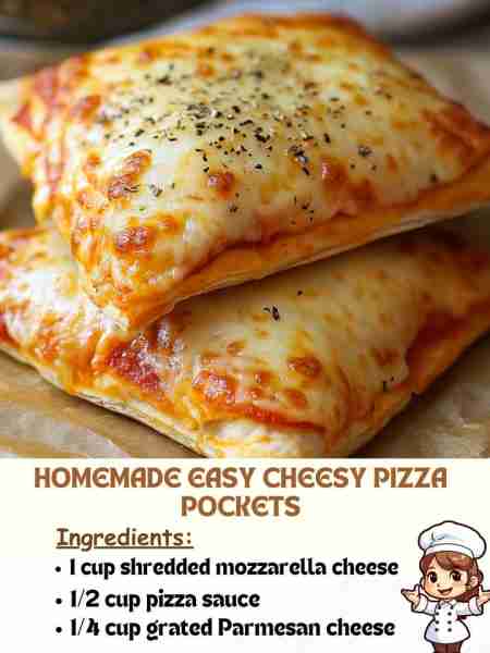 Homemade Easy Cheesy Pizza Pockets Ingredients: 1 cup shredded mozzarella cheese 1/2 cup pizza sauc...