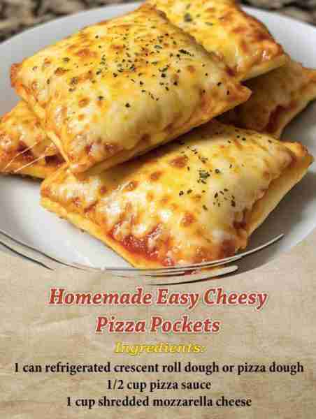 Homemade Easy Cheesy Pizza Pockets Ingredients: 1 can refrigerated crescent roll dough or pizza doug...