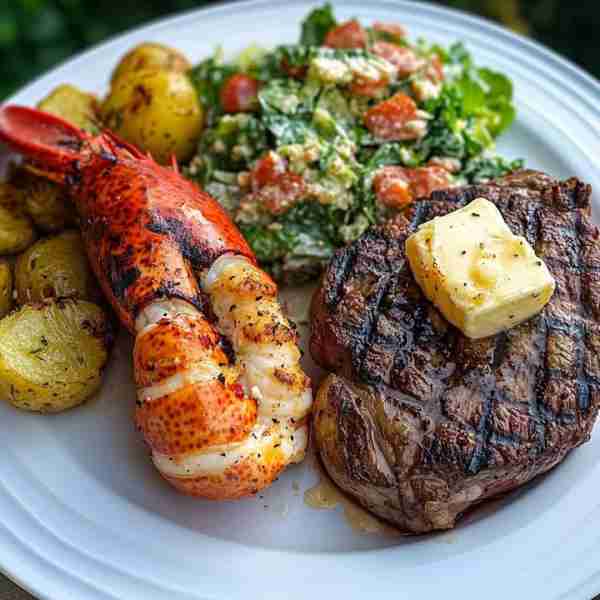 Grilled Steak and Lobster Tail Surf & Turf with Roasted Potatoes and Caesar Salad Ingredients: For t...