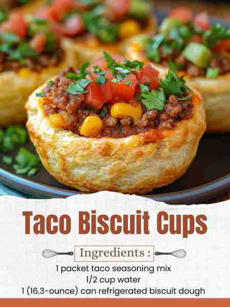 Taco Biscuit Cups Ingredients: 1 pound ground beef 1 packet taco seasoning mix 1/2 cup water