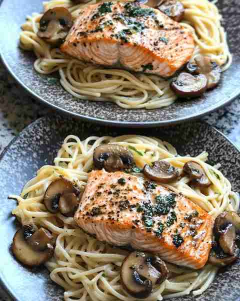 Garlic Herb Salmon with Mushroom Pasta Seared Garlic Herb Salmon over Creamy Mushroom Pasta Delight...