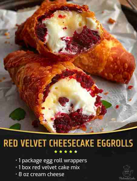 My red velvet cheesecake eggrolls 🔥 Ingredients: For the Egg Rolls: 1 box red velvet cake mix (plus...