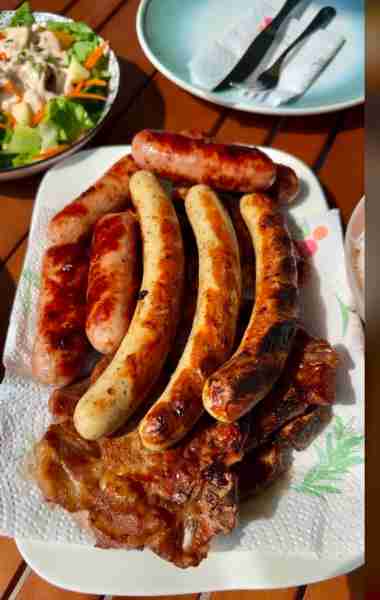 Let eat Guys! Grilled German Hotdogs and Pork Steak on the table😋