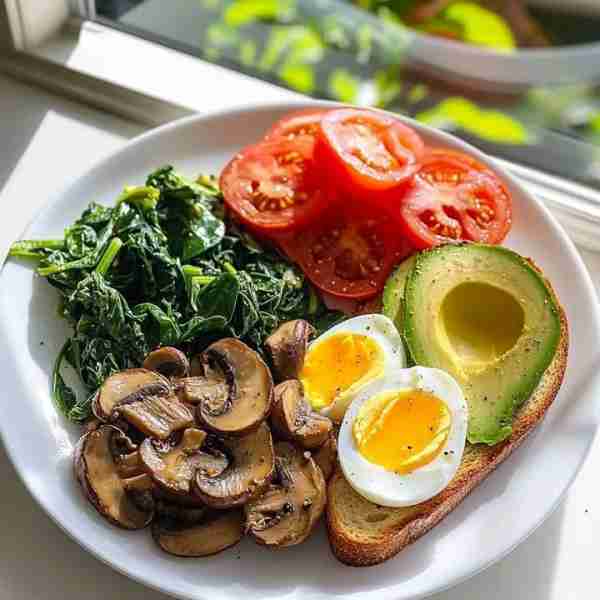 Healthy Breakfast Plate ☀️🍽️ Ingredients: 🥚 Soft-boiled eggs (halved) 🥑 Half avocado 🍅 Sliced fre...