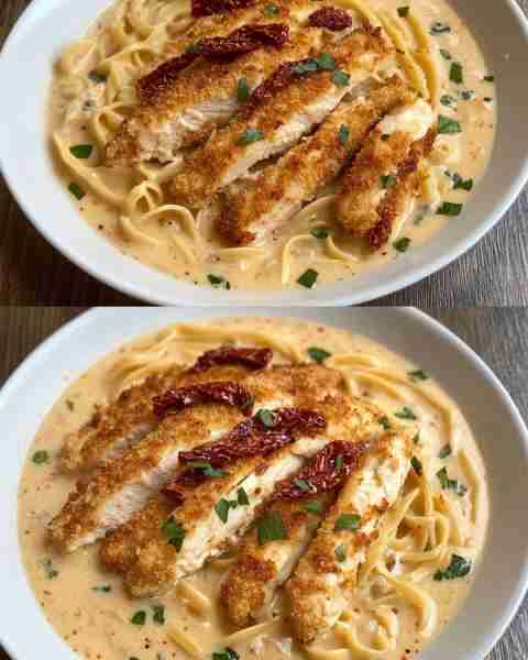 Sun-Dried Tomato Alfredo with Chicken Strips Creamy Sun-Dried Tomato Alfredo with Tender Chicken Str...