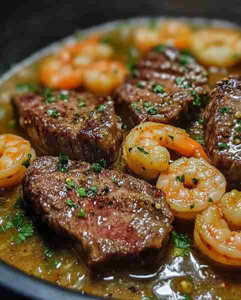 Juicy Steak and Succulent Shrimp in Garlic Butter Bliss Ingredients: 2 steaks (ribeye or filet migno...