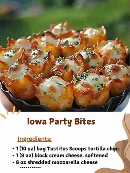 Iowa Party Bites Ingredients: 1 (10 oz) bag Tostitos Scoops tortilla chips 1 (8 oz) block cream che...