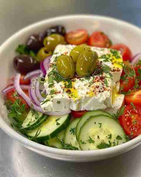 Greek Salad 🥗🇬🇷🫒🧀🍅🥒 Ingredients: 1 cup cucumber slices 🥒 1 cup cherry tomatoes, halved 🍅 1/2...