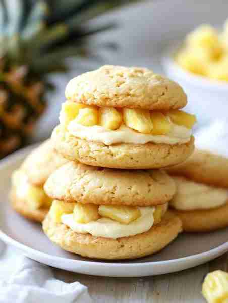 Pineapple Whoopie Pies 🍍✨ Golden soft cookies sandwiched with a tropical pineapple cream filling —...