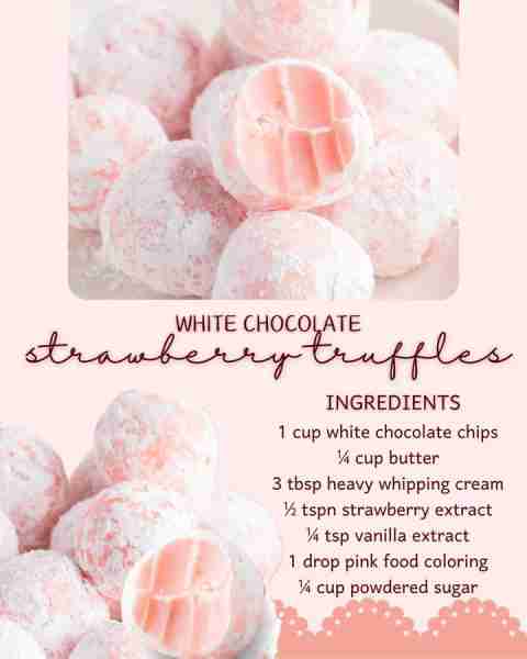 White chocolate strawberry truffles! So good. INGREDIENTS: 1 cup white chocolate chips ¼ cup unsalte...