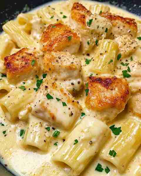 Creamy Garlic Butter Chicken and Rigatoni in Parmesan Sauce 🍝 Ingredients: - 300 grams of rigatoni...