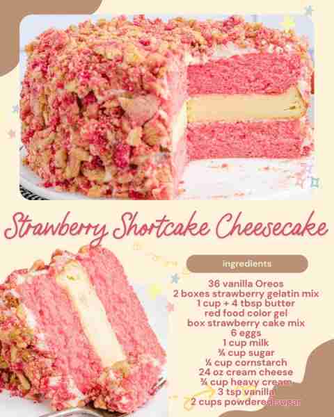 Strawberry Shortcake Cheesecake! Ingredients: 36 vanilla Oreos 2 boxes strawberry gelatin mix 1 cup...