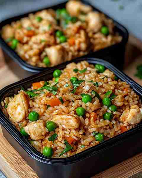 High Protein Crispy Garlic Chicken Fried Rice Ingredients: - 2 chicken breasts, diced - 2 tablespo...