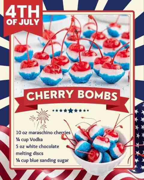 BOOZY CHERRY BOMBS! 10 oz maraschino cherries ¼ cup Vodka 5 oz white chocolate melting discs ¼ cup b...