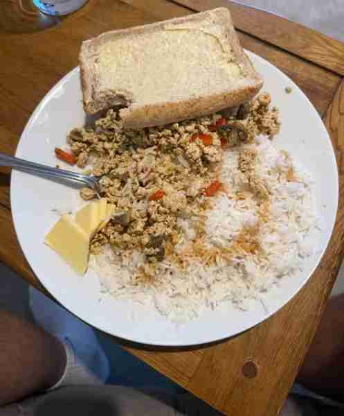 Turkey Mince with Rice and a slice of Bread with proper Butter real food by Tom