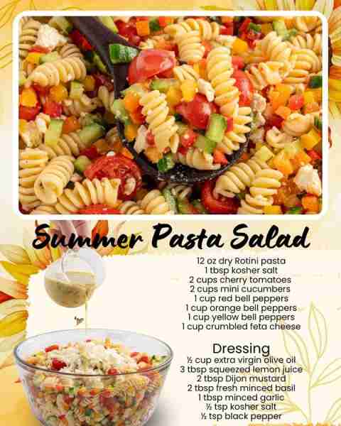 SUMMER PASTA SALAD! 12 oz dry Rotini pasta 1 tbsp kosher salt 2 cups cherry tomatoes 2 cups mini cuc...