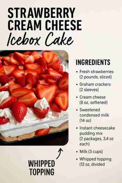 Indulge in a scrumptious no-bake delight with our Strawberry Cream Cheese Icebox Cake! 🍓 🍰 Strawbe...
