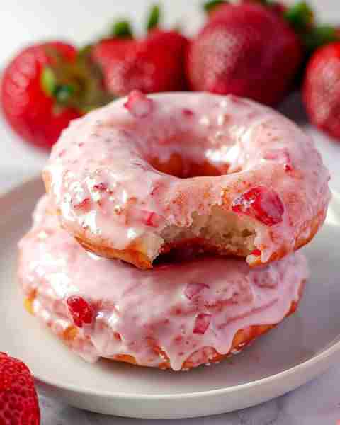 Strawberry Cake Donuts Ingredients: For the Donuts: 1 ¼ cups all-purpose flour ½ cup granulated suga...