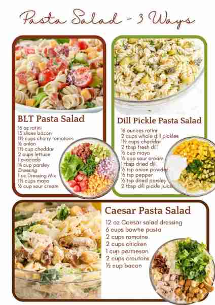 yummy pasta salad - 3 ways! ~~ BLT pasta salad ingredients: 16 ounces rotini pasta (cooked, drained,...