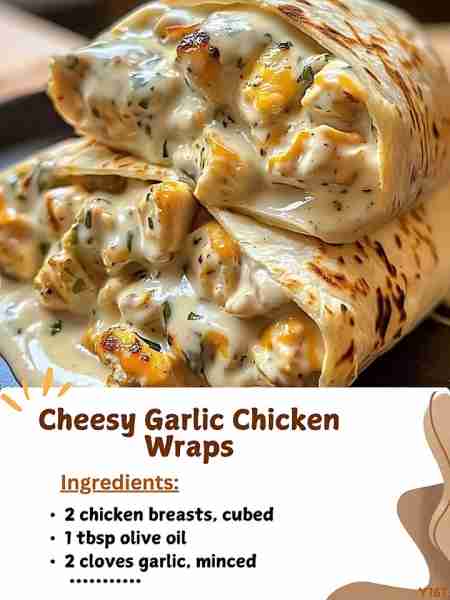 Cheesy Garlic Chicken Wraps Ingredients: 2 chicken breasts, cubed 1 tbsp olive oil 2 cloves garlic,...