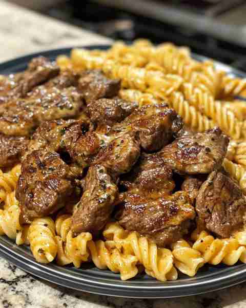 SAVORY GARLIC BUTTER BEEF TIPS WITH CREAMY CHEESY ROTINI Ingredients: 1 lb beef tips (or stew meat)...
