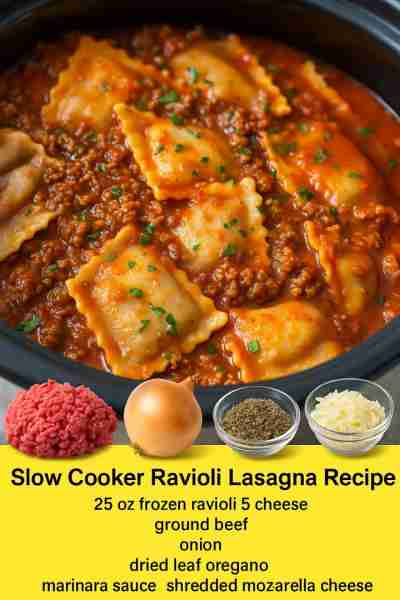 Slow Cooker Ravioli Lasagna Recipe 25 oz frozen ravioli 5 cheese, do not thaw 1 lb ground beef can u...