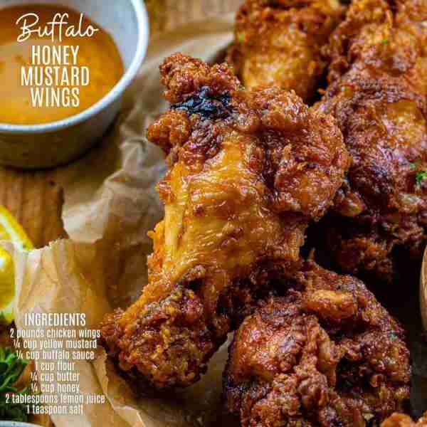 🚨 CRISPY WINGS! 🚨 Buffalo Honey Mustard Chicken Wings are tossed in mustard and buffalo sauce befo...