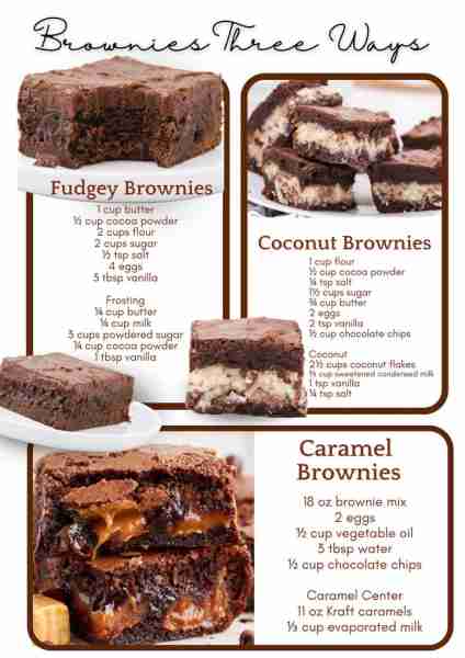 3 amazingly delicious brownie recipe!!! fudgey brownies: 1 cup butter ½ cup cocoa powder 2 cups flou...