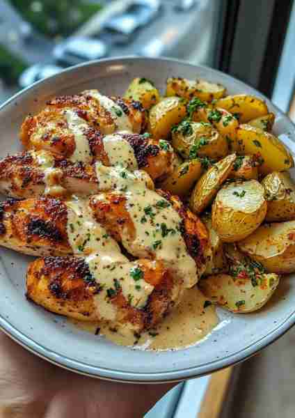 🍯 Greek Hot Honey Chicken Alfredo with Garlic Pesto Potatoes is where fiery flavor meets creamy com...