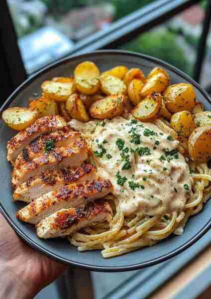 🧀 Greek Chicken Alfredo with Creamy Parmesan Pesto is the ultimate double-creamy comfort bowl! Tend...
