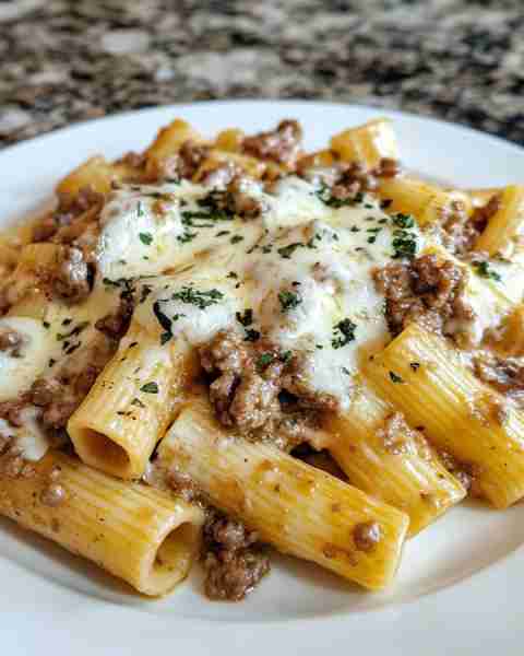 BEEFY GARLIC BUTTER RIGATONI IN PARMESAN SAUCE Ingredients: 1 lb ground beef 12 oz rigatoni pasta 2...