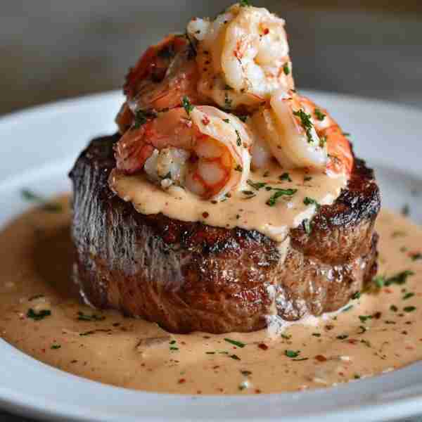 Filet Mignon with Shrimp and Lobster Cream Sauce Ingredients: 4 filet mignon steaks (6 oz each) Salt...
