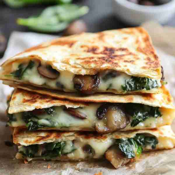 Baked Spinach Mushroom Quesadillas Ingredients: 8 flour tortillas 2 cups fresh spinach, chopped 1 1/...