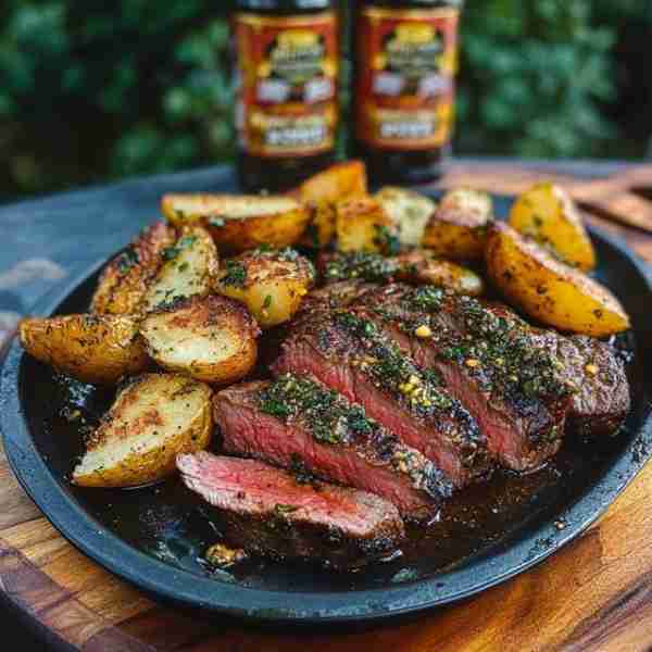 🥩 Slow-Smoked Brisket with Garlic Herb Sauce, Roasted Potatoes, Sautéed Green Beans, and Cornbread...