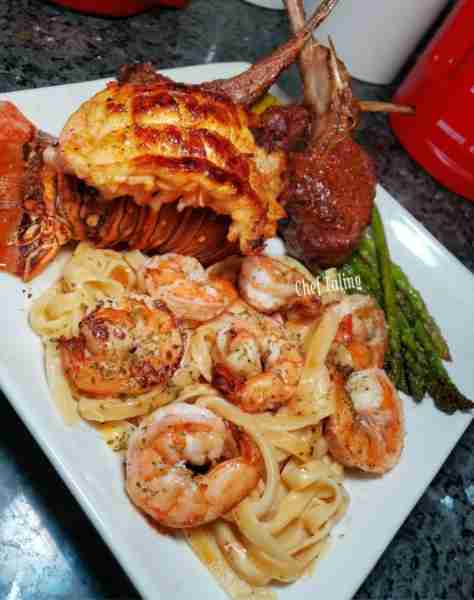 A delicious Sunday dinner FAV i made… Gods plan 🙌🏽 Lamb, Lobster & Shrimp Pasta