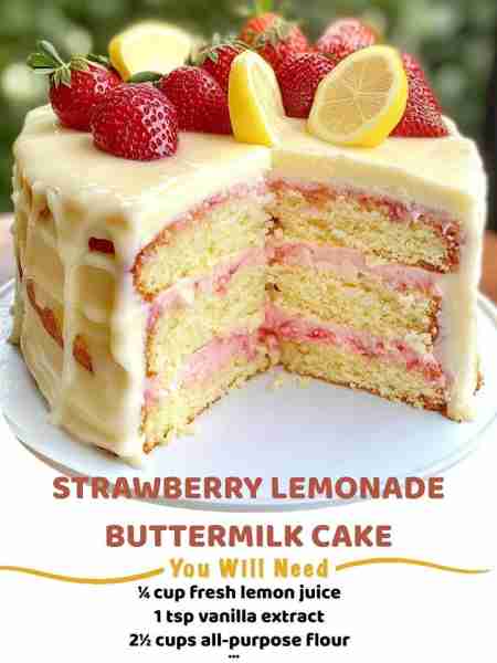 Strawberry Lemonade Buttermilk Cake 🍓🍋🍰 A soft, tangy, and juicy cake with a fresh lemon glaze th...