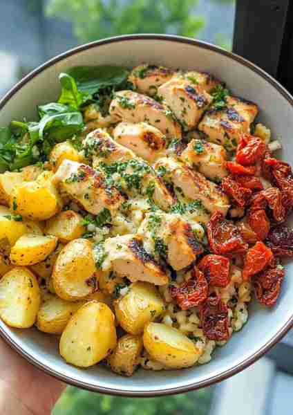 🍅 Sun-Dried Tomato Greek Chicken Alfredo with Basil Pesto Potatoes is where Mediterranean sunshine...