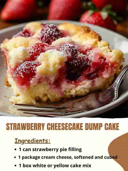 Strawberry Cheesecake Dump Cake Ingredients: 1 (21 oz) can strawberry pie filling 1 (8 oz) package c...