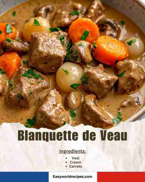 🇫🇷 Blanquette de Veau (French Creamy Veal Stew) Tender veal simmered in a creamy white sauce with sw...