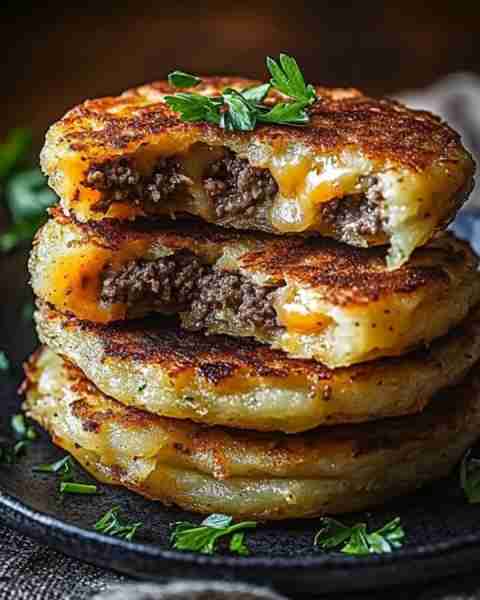 Crispy Golden Potato Pancakes Stuffed with Savory Beef and Melty Cheese Ingredients: 4 medium russet...