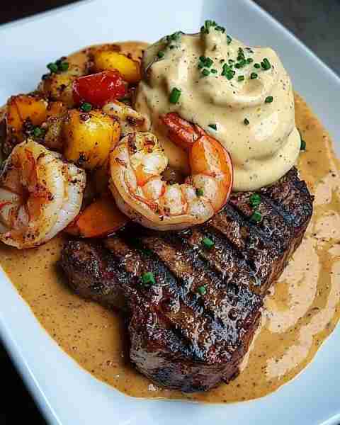 Blackened Steak & Shrimp with Cajun Cream Sauce 🍤🥩 Ingredients: - 1 tbsp olive oil - 2 ribeye or...