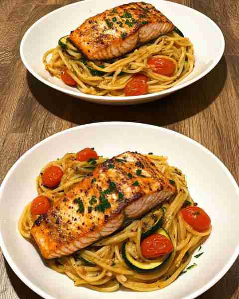 Seared Salmon with Zucchini and Cherry Tomato Pasta Pan-Seared Salmon Over Zucchini and Cherry Tomat...
