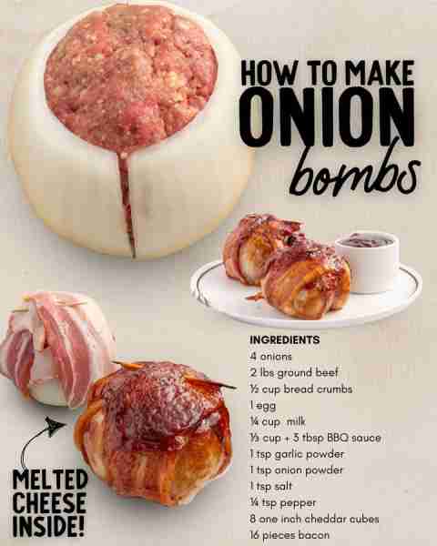 Bacon Wrapped Stuffed Onion Bombs! ~~ ingredients: 4 medium-sized yellow onions, you will use the ou...